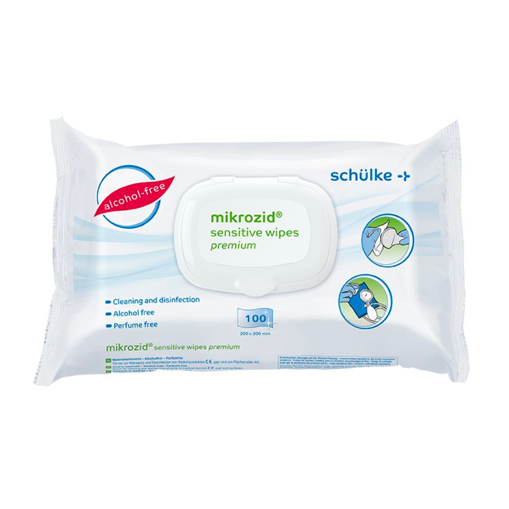 Eine Packung Schülke Mikrozid® sensitive wipes Jumbo Desinfektionstücher der Schülke & Mayr GmbH in einer weißen wiederverschließbaren Kunststoffverpackung mit blauem und grünem Text sowie Symbolen für die alkohol- und parfümfreien Eigenschaften, enthält