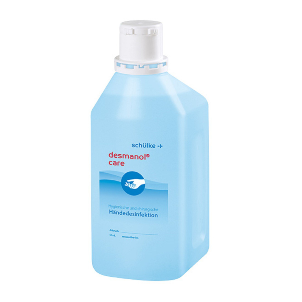 Eine Flasche Schülke desmanol® care Händedesinfektionsmittel der Schülke & Mayr GmbH mit weißem Verschluss und blauem Etikett, auf dem der Produktname und Informationen zur Anwendung zur hygienischen und chirurgischen Händedesinfektion prominent platziert sind.