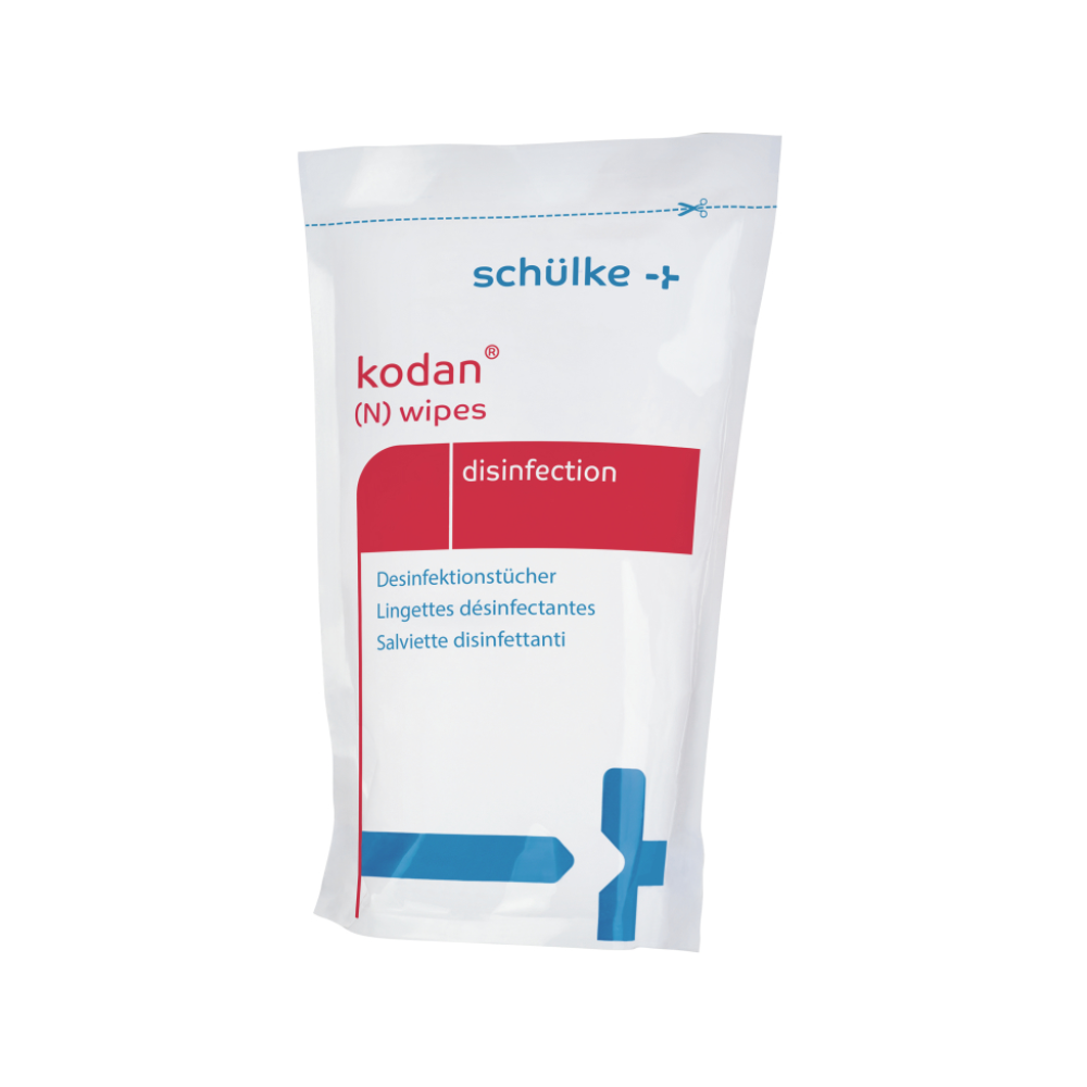 Eine weiße Verpackung der Schülke kodan® (N) wipes Flächendesinfektion der Schülke & Mayr GmbH trägt die mehrsprachige Aufschrift „Flächendesinfektion“ und ist in einem blau-roten Design mit einem Plus-Zeichen gestaltet.