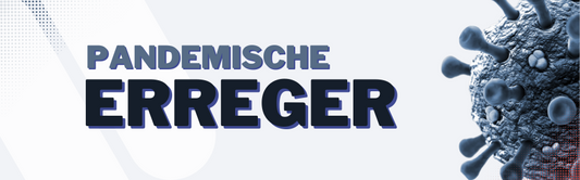 Ein Banner, auf dem links in fetten Buchstaben die deutschen Worte „Pandemischen Erreger“ stehen. Auf der rechten Seite ist eine Illustration eines Virus zu sehen, die gängigen Darstellungen von Coronaviren ähnelt. Der Hintergrund ist hell mit abstrakten Formen.