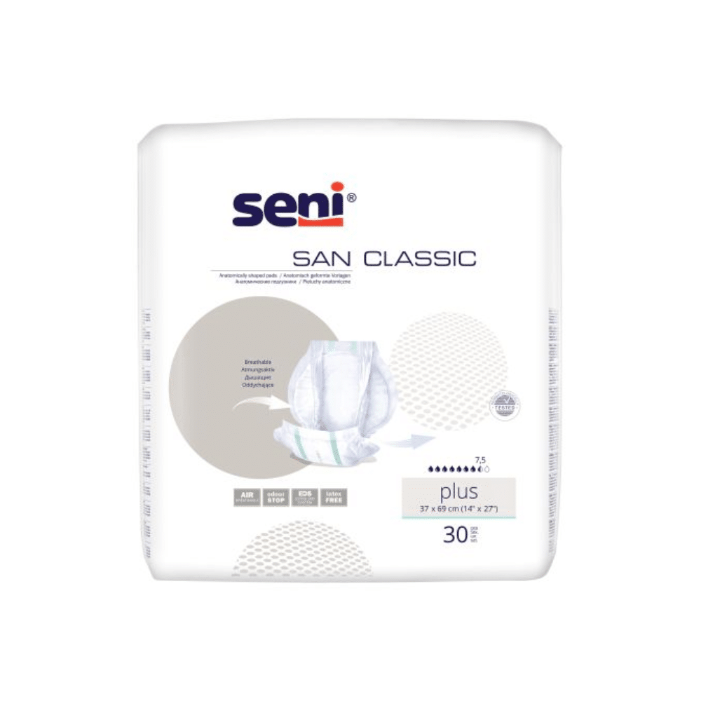 Packung mit San Seni Classic Plus Inkontinenzvorlage – 30 Stück | Packung (30 Stück) von TZMO Deutschland GmbH, mit einer Abbildung von Inkontinenzvorlage-Einlagen. Die Packung enthält 30 Einlagen mit den Maßen 37 x 69 cm. Sie enthält Symbole, die auf Atmungsaktivität und antibakterielle Eigenschaften hinweisen. Der Text ist in mehreren Sprachen verfasst und geht auf die Bedürfnisse bei Blasenschwäche und Stuhlinkontinenz ein.