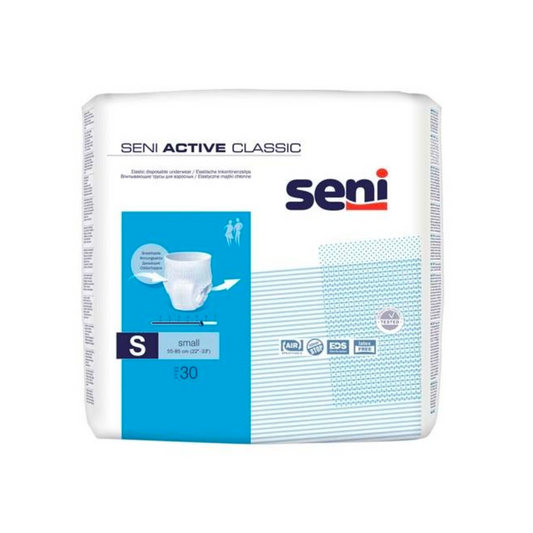 Das Bild zeigt die Verpackung der „Seni Active Classic Pants Inkontinenzhose“. Die überwiegend weiß-blaue Verpackung ist in der Größe „Small“ (S) erhältlich und enthält bis zu 30 Stück, die für die Behandlung von Blasenschwäche geeignet sind. Der Markenname „TZMO Deutschland GmbH“ ist deutlich zu erkennen.