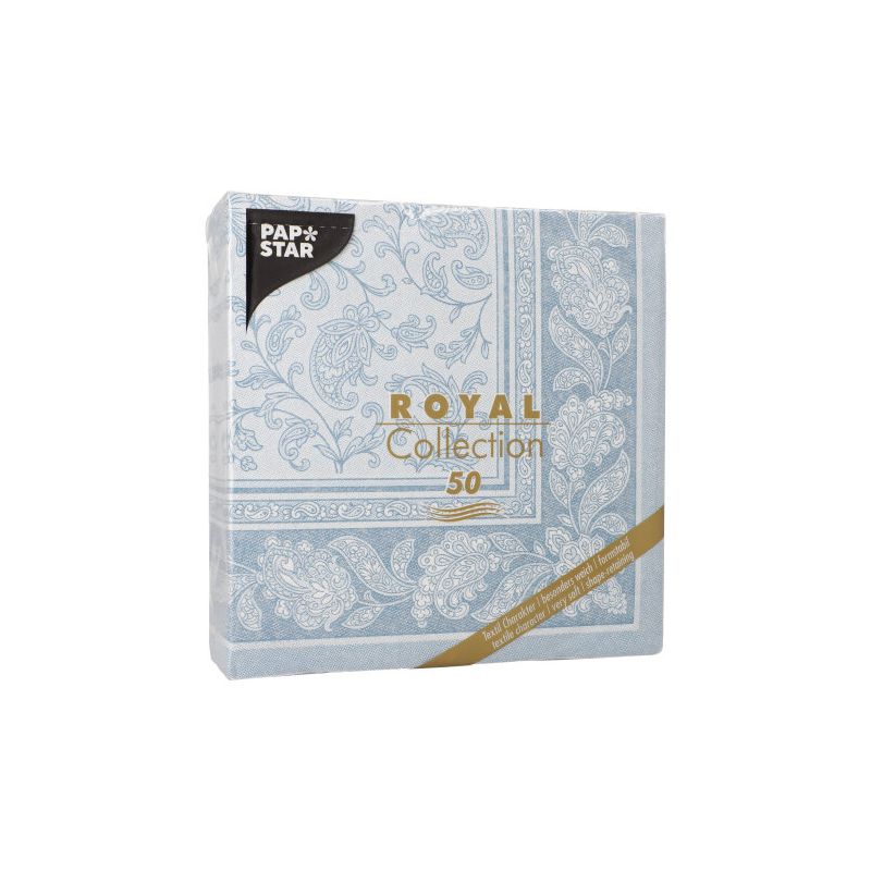 Eine Packung mit 50 PAPSTAR Servietten 1/4-Falz „ROYAL Collection“ zeigt ein aufwendiges „Ornament“-Design. Diese Servietten werden elegant in einer hellblauen Verpackung mit goldenen Akzenten präsentiert und tragen den Markennamen der PAPSTAR GmbH sowie Produktdetails für ein wahrhaft raffiniertes Speiseerlebnis.