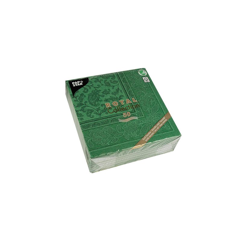 Eine grüne Packung PAPSTAR "ROYAL Collection" Servietten 1/4-Falz "Ornaments" von der PAPSTAR GmbH. Elegante Tischdekoration trifft Funktionalität mit dekorativen Designs auf der Verpackung, die darauf hinweisen, dass das Produkt 50 Servietten enthält.