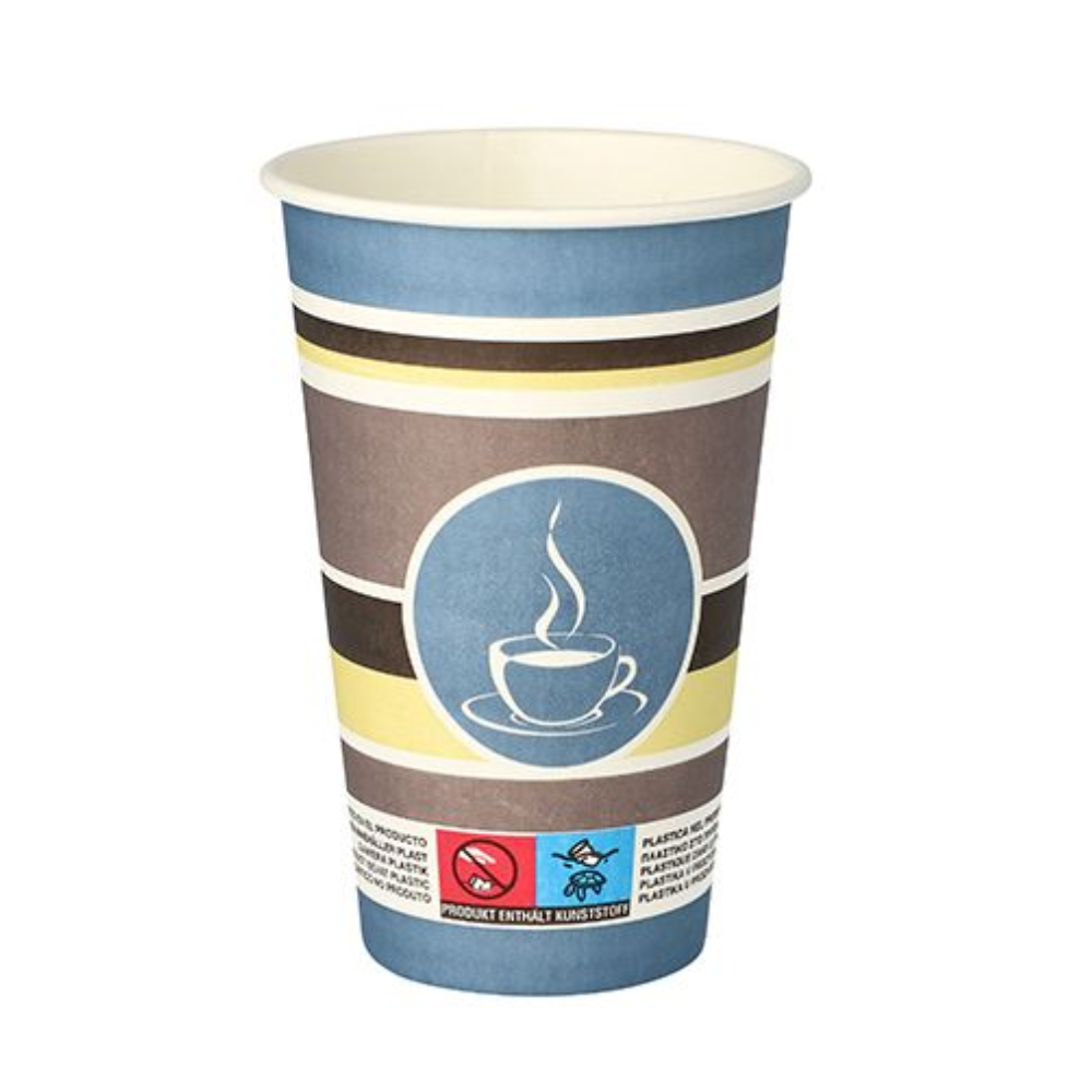 Der Starpak Pappbecher „To Go“ ist ein Einweg-Kaffeebecher mit einem Fassungsvermögen von 0,3 Litern und einem auffälligen Design in Grau, Blau und Gelb. In der Mitte ist deutlich das Symbol einer dampfenden Kaffeetasse zu sehen, und am Boden befinden sich Warnsymbole.