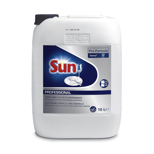 Ein weißer 10-Liter-Behälter mit Flüssiges Geschirrspülmittel Diversey Sun Pro Formula Liquid | Kanister (10 l). Das Etikett zeigt das Diversey Sun-Logo, Utensilien und Markeninformationen. Der Behälter ist mit einer schwarzen Kappe ausgestattet und mit „leistungsstarke Formel“ gekennzeichnet.