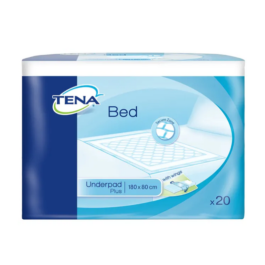 Abbildung einer Packung TENA Bed Plus Wings Bettschutzunterlagen 180 x 80 cm. Die Verpackung zeigt das TENA (Essity Deutschland GmbH) Logo, eine Produktbeschreibung und eine Abbildung der Unterlagen mit den Maßen 180 x 80 cm. Die Packung enthält 20 Unterlagen mit superabsorbierenden Mikro-Perlen und einer „Secure Zone“.