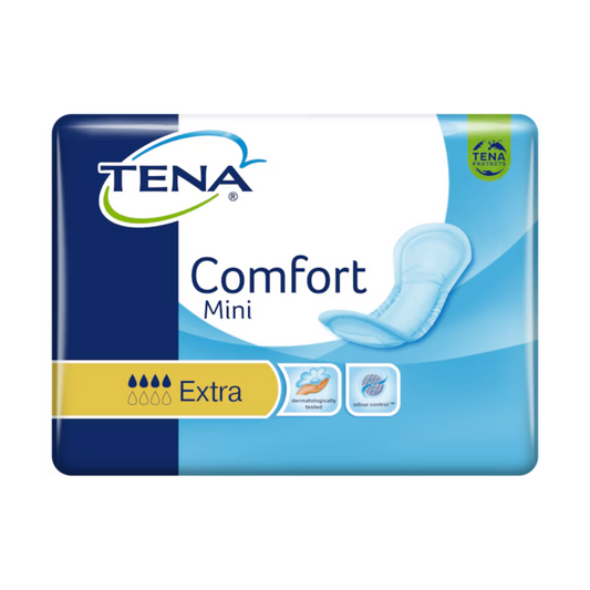 Eine Packung TENA Comfort Mini Extra Inkontinenzvorlagen (Packung mit 30 Stück) für mittlere Blasenschwäche. Die Verpackung, hauptsächlich blau mit gelb-weißem Design, zeigt das TENA-Logo, den Produktnamen und Funktionen wie „Diskret und sicher“, „Body Fit“ und „Geruchskontrolle“. Außerdem ist ein Bild einer einzelnen Inkontinenzvorlage zu sehen.