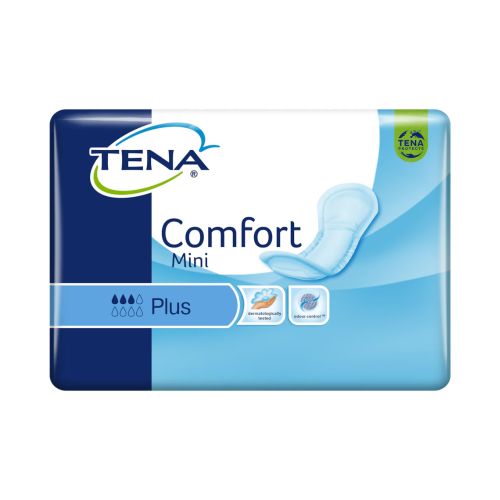 Die TENA Comfort Mini Plus Inkontinenzvorlage | Packung (30 Stück) von TENA (Essity Germany GmbH) ist perfekt für Blasenschwäche. Die hauptsächlich blau-weiße Verpackung zeigt das Bild einer einzelnen Einlage sowie Symbole, die ihre Saugfähigkeit, Geruchskontrolle und sichere Passform hervorheben. Das TENA-Logo ist prominent in der oberen linken Ecke der Verpackung angebracht.