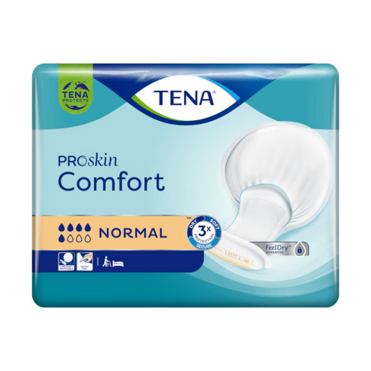 Die Verpackung der TENA Comfort Normal Inkontinenzvorlage (42 Stück), ein hochsaugfähiges Inkontinenzprodukt von TENA (Essity Deutschland GmbH). Die Verpackung ist blau und grün mit dem TENA-Logo am oberen Rand. Das Etikett gibt mit drei blauen Tropfen die Saugstärke an, und auf der rechten Seite ist ein Bild einer TENA Comfort Normal Inkontinenzvorlage abgebildet.