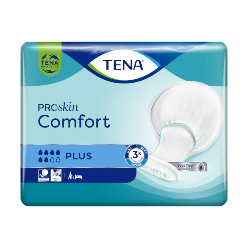 Ein Paket mit TENA Comfort Plus Inkontinenzvorlagen, ein hochsaugfähiges Inkontinenzprodukt von Essity Germany GmbH. Die überwiegend in Teal und Weiß gehaltene Packung enthält eine Abbildung einer Inkontinenzeinlage und zeigt Absorptionssymbole, das TENA-Logo sowie die Technologien „FeelDry“ und „TRIpeel“ und verspricht Auslaufschutz.