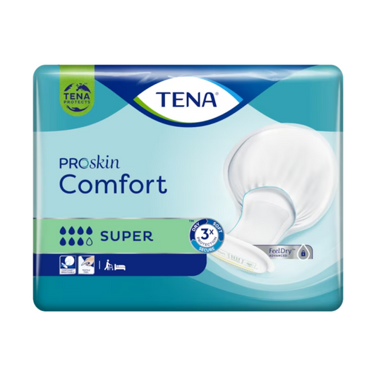 Eine Packung TENA Comfort Super Inkontinenzvorlage (36 Stück) von TENA (Essity Germany GmbH), im grün-blauen Design mit Einlagenbild, das 3-fachen Schutz und die „FeelDry“-Technologie betont. Symbole zeigen verschiedene Einsatzmöglichkeiten und Saugstärken an.