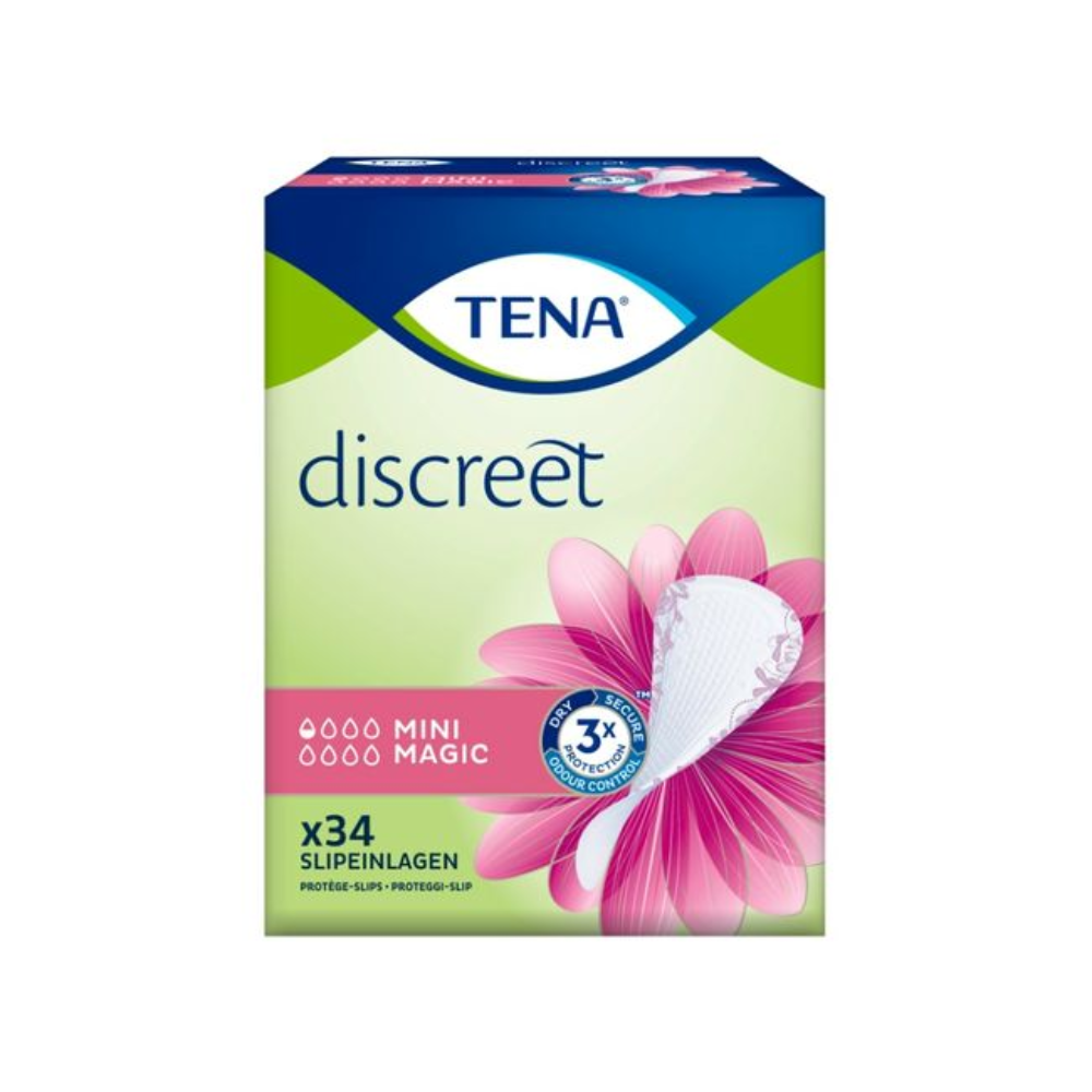 Abgebildet ist eine Packung TENA Discreet Mini Magic Inkontinenzeinlage von TENA (Essity Germany GmbH) mit einem rosa Blumendesign. Das Produkt verspricht 3-fachen Schutz mit microPROTEX™ Technologie, ideal bei leichter Blasenschwäche. Die Packung enthält 34 Stück.