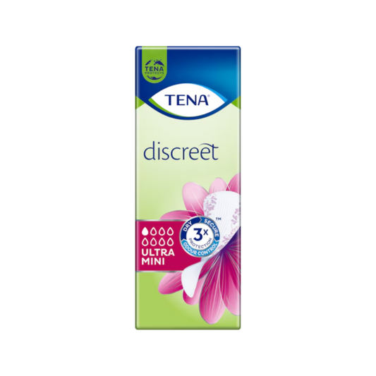 Das Bild zeigt eine TENA Discreet Ultra Mini Inkontinenzeinlage | Packung (28 Stück) von TENA by Essity Germany GmbH, die speziell für leichte Blasenschwäche entwickelt wurde. Die Verpackung ist grün und weiß mit einer rosa Blumengrafik, dem Etikett „3x Schutz“ und einem Piktogramm der Einlage, das die fortschrittliche microPROTEX™ Technologie hervorhebt.