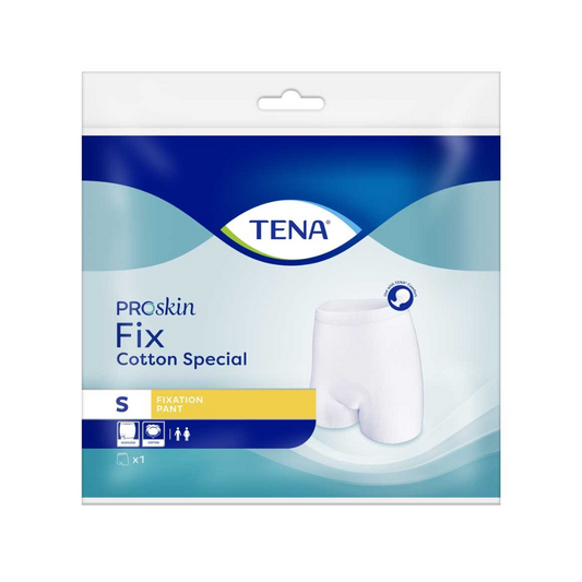 Das Bild zeigt die Vorderseite eines verpackten Produkts mit der Bezeichnung „TENA Fix Cotton Spezial Fixierhose“, einer kleinen Inkontinenzhilfe. Die Marke TENA (Essity Deutschland GmbH) hat die überwiegend blau-weiße Verpackung entworfen, die eine Abbildung des Produkts und Symbole enthält, die auf die geschlechtsneutrale Verwendbarkeit hinweisen.