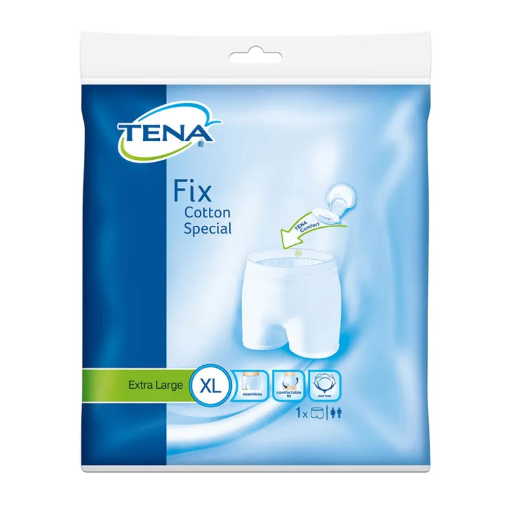 Abgebildet ist eine Packung TENA Fix Cotton Spezial Fixierhose, ein Produkt von TENA (Essity Deutschland GmbH). Die blau-weiße Packung mit grünen Akzenten weist die Größe als extragroß (XL) aus und zeigt Symbole für Umhüllung, Wiederverwendbarkeit und Maschinenwaschbarkeit, wodurch sie sich ideal zur Sicherung von Inkontinenzeinlagen eignet.