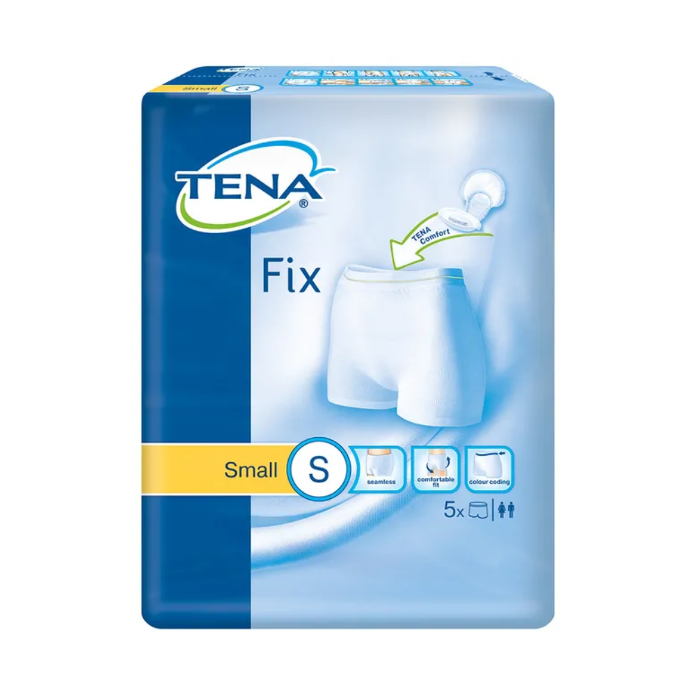 Verpackung von TENA Fix Inkontinenz-Fixierhosen, Größe S, mit dem Produktnamen, dem Markenlogo von TENA (Essity Germany GmbH) und einer Abbildung der Unterwäsche auf blauem Hintergrund. Symbole, die Merkmale wie Waschbarkeit, Komfort und atmungsaktives Design darstellen, sind vorhanden, neben einem Etikett, das eine Packung mit fünf wiederverwendbaren Inkontinenzprodukten angibt.