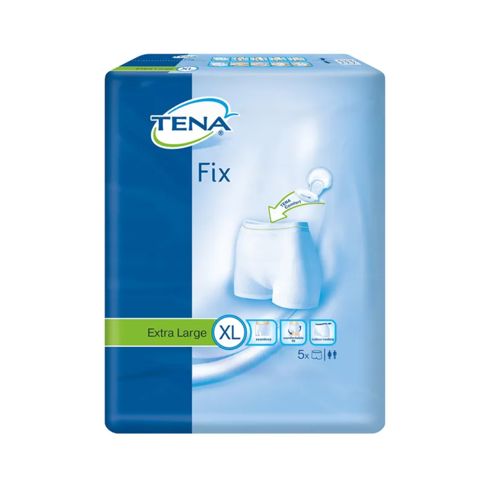 Packung mit TENA Fix Inkontinenz-Fixierhosen in der Größe Extra Large (XL). Die hellblaue Verpackung zeigt eine Abbildung der wiederverwendbaren Fixierhosen und weist darauf hin, dass die Packung fünf Stück enthält. Oben links ist das TENA-Logo abgebildet, das für ihre hochwertigen Inkontinenzprodukte steht.