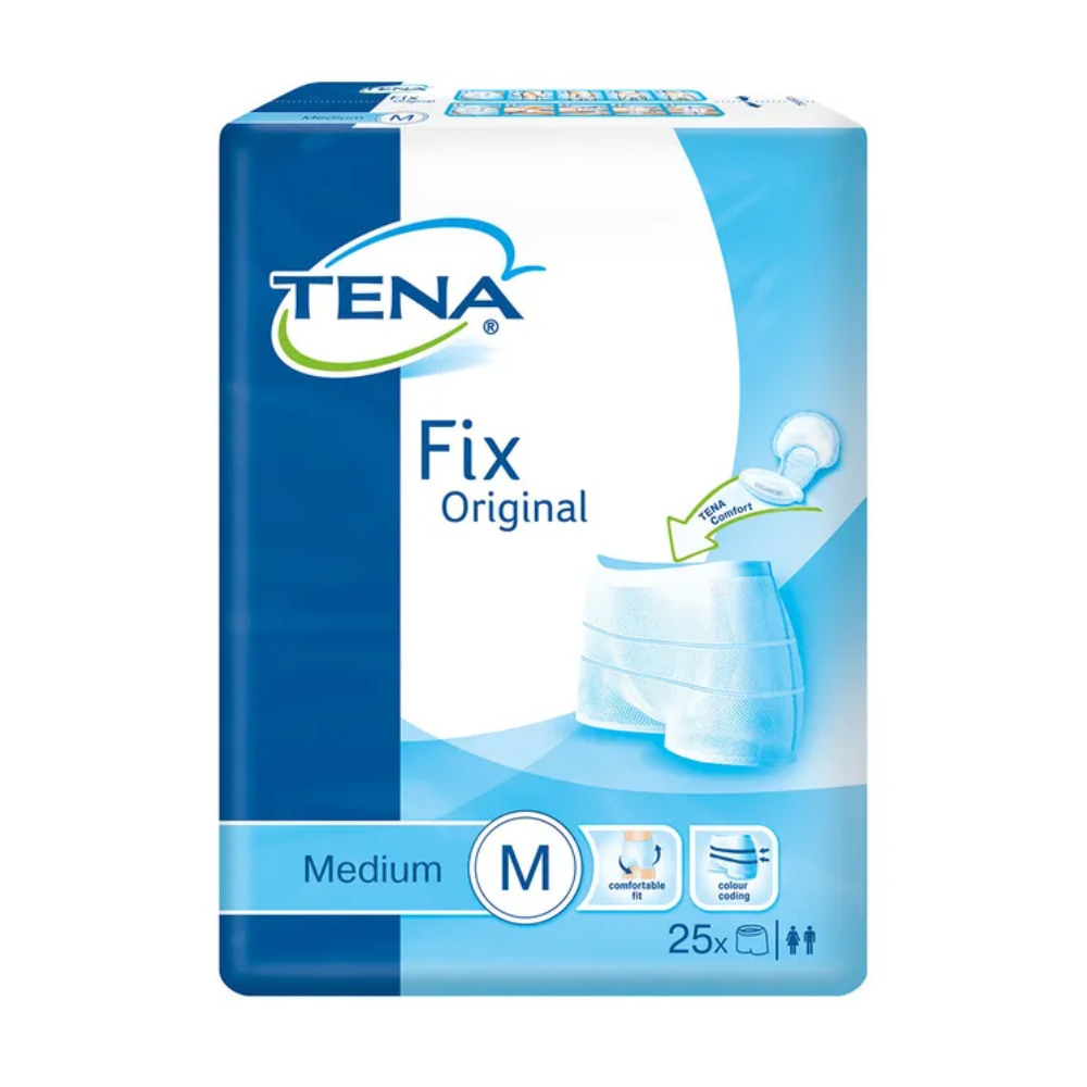 Eine Packung TENA Fix Original Fixierhose von TENA (Essity Germany GmbH) in mittlerer Größe. Die überwiegend blau-weiße Verpackung zeigt ein Bild der Hose und Symbole, die die passende Passform für Männer und Frauen anzeigen. Diese Packung mit 25 Stück enthält langlebige, wiederverwendbare Fixierhose für zuverlässigen Schutz.