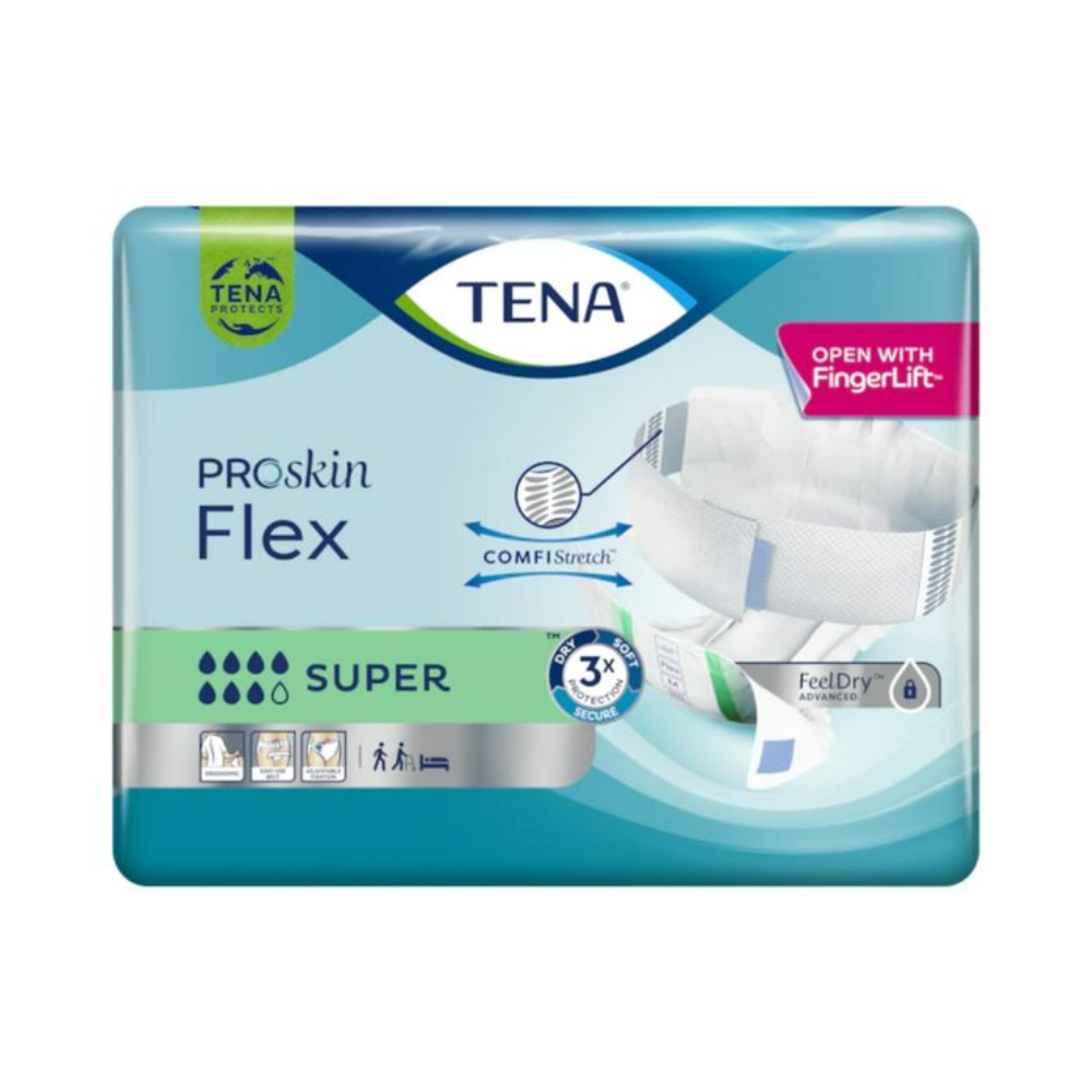 Das Bild zeigt eine Packung TENA Flex Super Inkontinenzvorlage mit Hüftbund von TENA (Essity Germany GmbH). Die Verpackung hebt Funktionen wie Hüftbund, ComfiStretch, 3x Schutz und Öffnen mit FingerLift hervor. Sie ist hauptsächlich blau und grün gehalten und mit Abbildungen der Produktvorteile versehen.