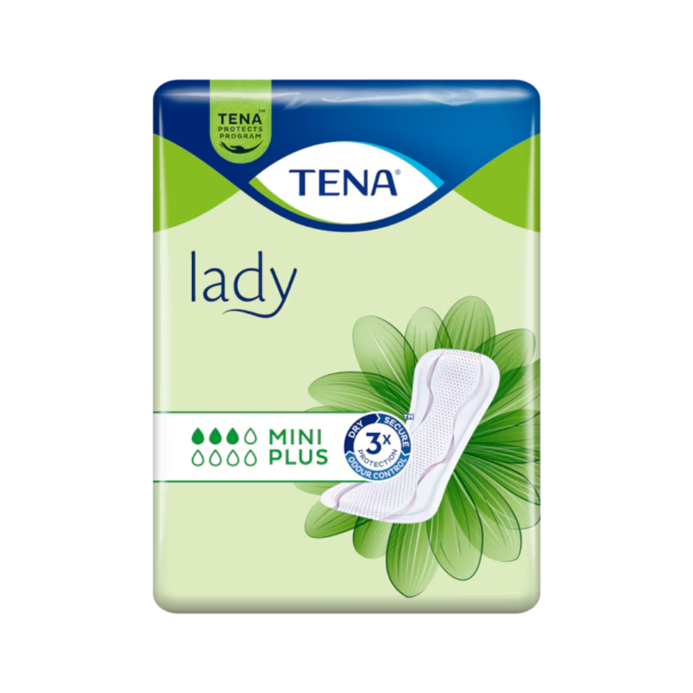 Eine Packung TENA Lady Mini Plus Slipeinlage (24 Stück), ein Inkontinenzprodukt bei leichter Blasenschwäche. Die Packung ist überwiegend grün mit einem dunkelblauen oberen Rand und einer weißen Blumengrafik. Sie enthält ein Bild einer Einlage, erwähnt „3x Schutz“ mit DryZone-Technologie und zeigt oben links das TENA-Logo zusammen mit „Lady“ und „MINI“.