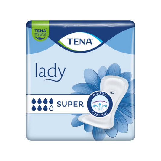 Eine Packung TENA Lady Super Inkontinenzvorlage | Packung (30 Stück) ist abgebildet. Die blau-weiße Verpackung zeigt eine Binde mit der Aufschrift „Odour Control“. Oben ist das TENA-Logo zu sehen, darunter „Inkontinenzvorlage“ neben „SUPER“ mit einem Tropfensymbol, was Menschen mit Blasenschwäche beruhigt. Dieses Produkt ist von der Marke TENA (Essity Germany GmbH).