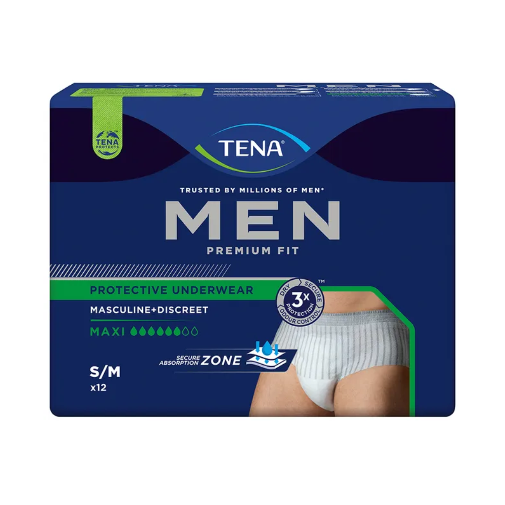 Bild der TENA Men Active Fit Pants Maxi Inkontinenzhosen-Verpackung für die Größen S/M. Die Verpackung hebt Merkmale wie „Schützende Unterwäsche“, „Maskulin + Diskret“, „Maxi“ und „Sichere Absorptionszone“ hervor. Ideal für Menschen mit Harnverlust. Es gibt auch ein Bild des getragenen Produkts. Das Produkt ist von der Marke TENA (Essity Germany GmbH).