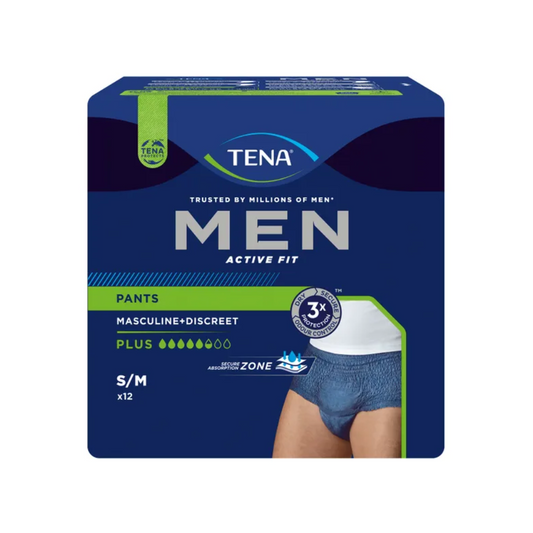 Die Verpackung der TENA Men Active Fit Pants Plus Inkontinenzhosen, hergestellt von Essity Germany GmbH, besteht aus einer dunkelblauen Schachtel mit grünen Akzenten. Auf der Verpackung ist deutlich „MEN“ zu sehen, zusammen mit wichtigen Details wie Größe S/M, Saugstärke, Auslaufschutz und einem Bild einer Person, die die blauen Inkontinenzhosen zur effektiven Behandlung von Harnverlust trägt.