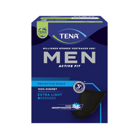 Das Bild zeigt die Verpackung der TENA Men Active Protective Shield Extra Light Inkontinenzeinlage. Die Schachtel ist dunkelblau und trägt oben das TENA-Logo. Die Aufschrift „100 % Diskret“ und „Extra Light“ hebt die Saugfähigkeit und den Tragekomfort hervor und macht sie zu einer idealen Wahl für Inkontinenzeinlagen für Männer. Die Packung enthält 14 Stück, hergestellt von Essity Germany GmbH.