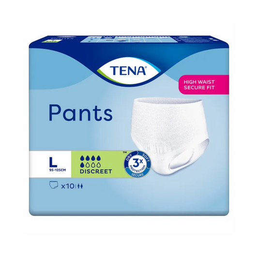 Verpackung der TENA Pants Discreet Inkontinenzhose für Erwachsene, Größe L (95-125cm). Die Verpackung ist überwiegend blau gehalten und weist Produktdetails wie „High Waist Secure Fit“ und „Discreet“ auf, die auf die Eignung bei Blasenschwäche hinweisen. In der Mitte befindet sich eine weiße TENA-Pant-Grafik, wobei „10“ die Stückzahl angibt. Das Produkt ist von TENA (Essity Deutschland GmbH).