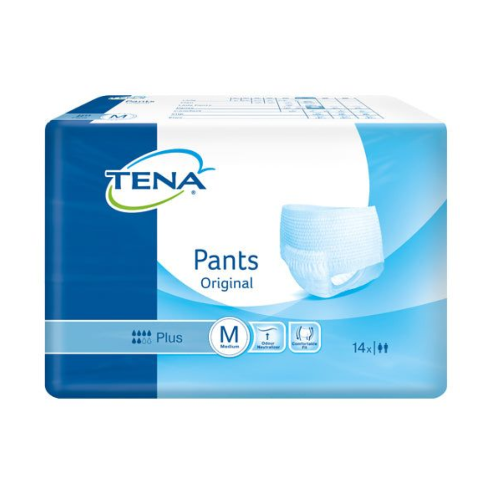 Eine Packung TENA Pants Original Plus Inkontinenzhosen von Essity Deutschland GmbH. Die blau-weiße Packung kennzeichnet diese Erwachsenenwindeln mittlerer Größe (M) mit „Plus“-Saugfähigkeit und enthält 14 Stück. Auf der Vorderseite ist ein Bild einer Windel abgebildet, die für Personen mit Blasenschwäche geeignet ist.