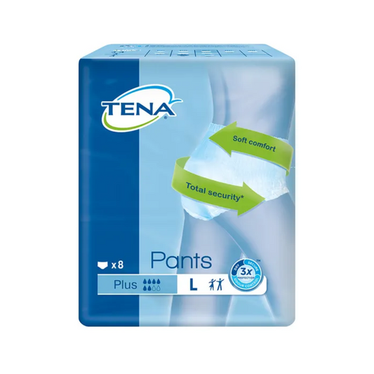 Eine Packung TENA Pants Plus ConfioFit Inkontinenzpants in Größe Large (L) von TENA (Essity Deutschland GmbH). Auf der Verpackung steht, dass 8 Pants mit Saugstärke Plus enthalten sind, die weichen Tragekomfort und absolute Sicherheit gewährleisten. Auf einem Bild ist eine Person zu sehen, die die Pants trägt. Die überwiegend blaue Verpackung ist ideal, um Blasenschwäche diskret zu behandeln.