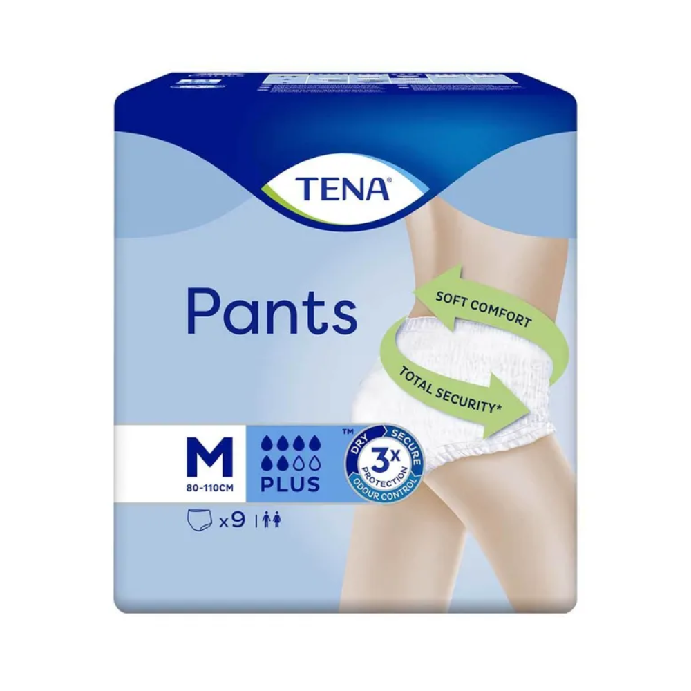 Produktbild der TENA Pants Plus ConfioFit Inkontinenzhose in Größe Medium, passend für Taillenweiten von 80-110 cm. Die Packung enthält 9 saugfähige Hosen für Blasenschwäche mit den Aufschriften „Soft Comfort“ und „Total Security“. Die Verpackung ist überwiegend blau mit einer Abbildung des getragenen Produkts.