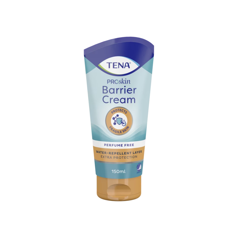 Abgebildet ist eine Tube TENA ProSkin Barrier Cream, pflegende Creme | Packung (150 ml) von TENA (Essity Germany GmbH). Die Tube ist blau und weiß mit goldenem Boden und trägt einen Text, der besagt, dass sie parfümfrei ist und wasserabweisenden, zusätzlichen Schutz für empfindliche Haut bietet. Diese Feuchtigkeitscreme ist in einer 150-ml-Tube erhältlich.