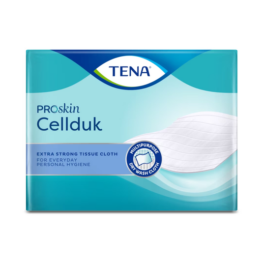 Packung mit TENA ProSkin Cellduk Trockentüchern 25 x 26 cm (200 Stück) für die tägliche Körperhygiene und Inkontinenzpflege. Die blaugrüne Packung zeigt ein Bild eines weißen Trockentuchs und einen Text, der auf Mehrzweck-Trockenwaschlappen mit hervorragender Nassfestigkeit hinweist. Das TENA-Logo befindet sich oben in der Mitte, hergestellt von Essity Germany GmbH.