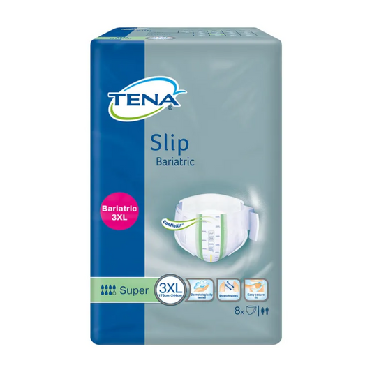 Eine Packung TENA ProSkin Slip Bariatric Super Inkontinenzvorlagen, die speziell für adipöse Menschen entwickelt wurden, ist in Blau und Grün abgebildet. Auf der Vorderseite der Packung sind das Bild einer Windel, Symbole, die Produktmerkmale hervorheben, und ein Text mit der Angabe der Größe 3XL abgebildet. Die Windel ist als Bariatric Slip für den Einsatz bei Adipositas konzipiert und enthält acht Inkontinenzvorlagen. Der Markenname TENA (Essity Germany GmbH) ist deutlich zu sehen.