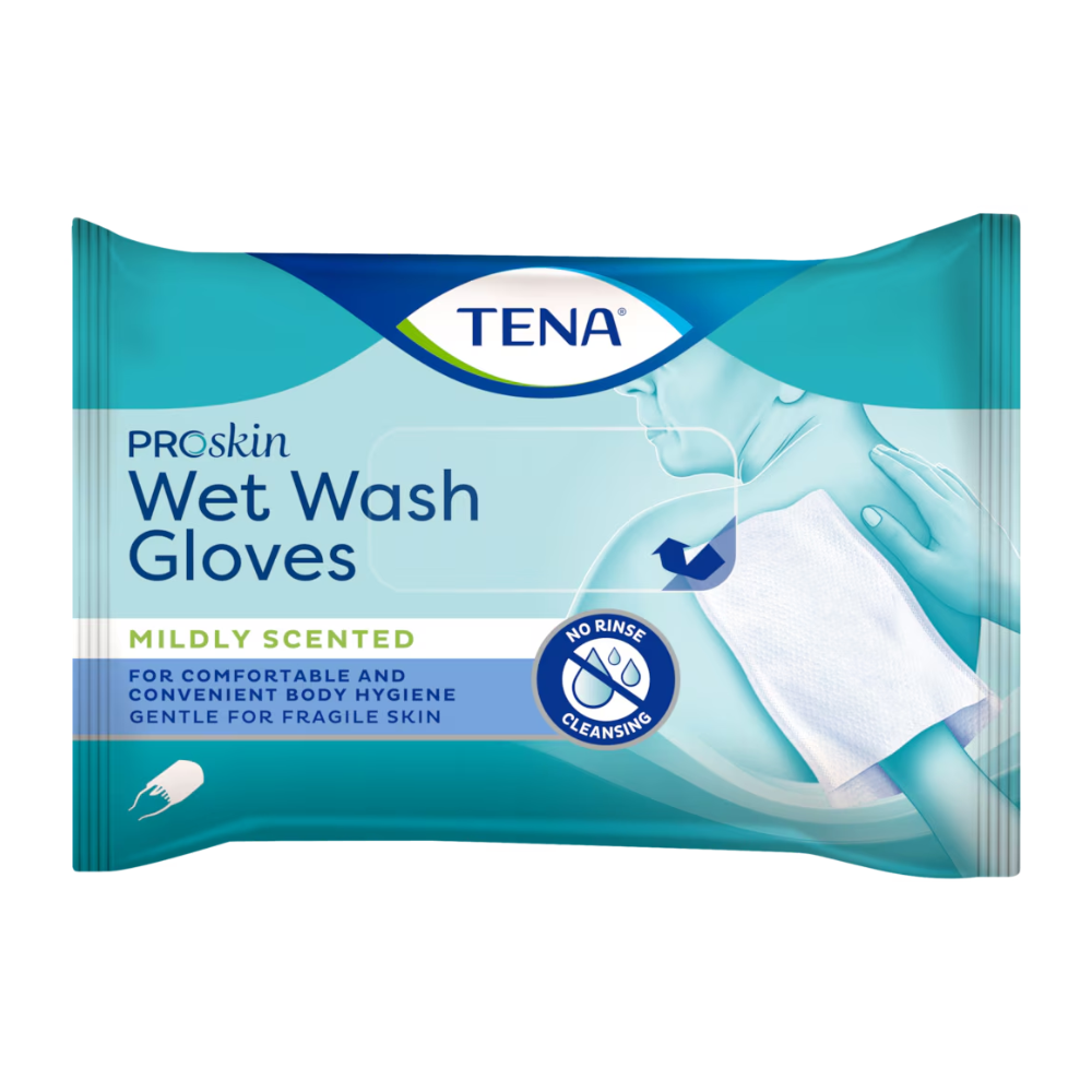 Eine Packung TENA ProSkin Wet Wash Gloves Waschhandschuhe von TENA (Essity Germany GmbH) ist leicht parfümiert. Die blau-weiße Verpackung zeigt ein Bild einer Person, die den Handschuh benutzt. Diese Reinigungshandschuhe sind für eine Reinigung ohne Ausspülen konzipiert und bieten eine bequeme und praktische Körperhygiene, die sanft zu empfindlicher Haut ist.