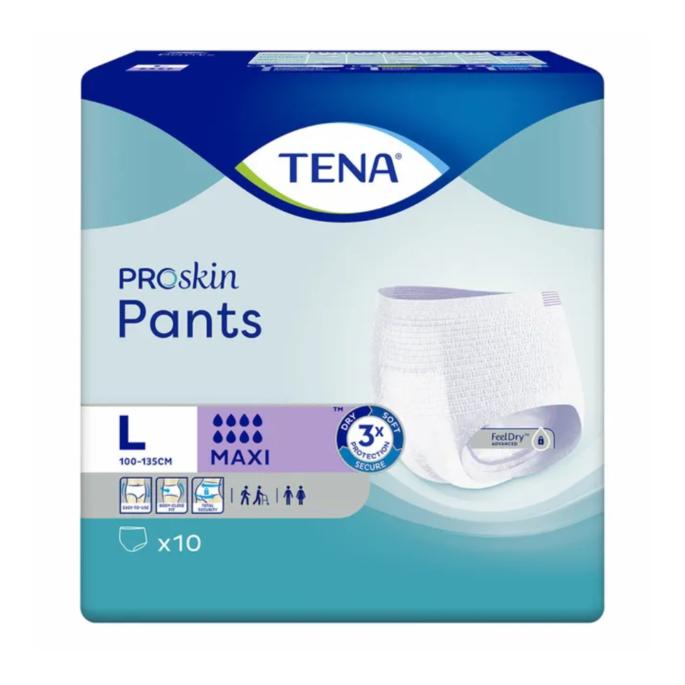 Verpackung für TENA Proskin Pants Maxi Inkontinenzhosen in Größe Large, passend für Taillenweiten von 100-135 cm. Die Packung enthält 10 Hosen und verfügt über die FeelDry Advanced-Technologie für verbesserte Trockenheit. Sie ist mit einer maximalen Saugstärke gekennzeichnet und eignet sich daher ideal zur Behandlung von Blasenschwäche. Hergestellt von Essity Germany GmbH unter der Marke TENA.