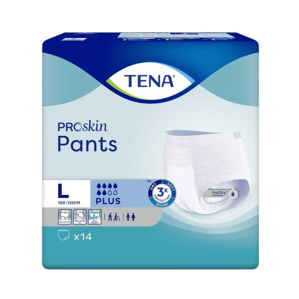 Die Packung TENA ProSkin Pants Plus Inkontinenzhosen mit der Aufschrift „L“ für Large enthält 14 Hosen. Mit PLUS-Saugfähigkeit und Merkmalen wie „FeelDry“ zeigen die Symbole an, dass sie ideal für mittelschwere Blasenschwäche bei Männern und Frauen sind und für Taillengrößen von 100-135 cm geeignet sind.