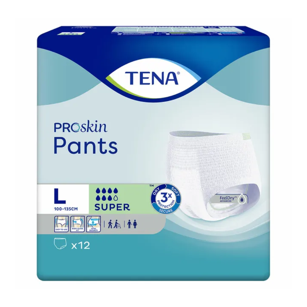 Das Bild zeigt die Verpackung der TENA ProSkin Pants Super Inkontinenzpants, einem Produkt von TENA (Essity Germany GmbH) für Blasenschwäche. Die Packung hat die Größe Large (100-135 cm), ist super saugfähig und enthält 12 Stück. Die überwiegend blau-grüne Verpackung zeigt auch ein Bild des Produkts.