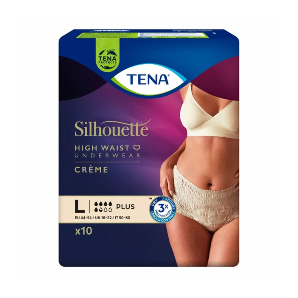 Bild der Verpackung der TENA Silhouette Plus Creme Inkontinenzpants. Die Verpackung zeigt ein Foto der Körpermitte einer Frau, die die High-Waist-Unterhose in Größe L trägt, was darauf hinweist, dass sie 10 Stück enthält. Es hebt die 3x Dryness-Technologie zur Behandlung von Blasenschwäche hervor.