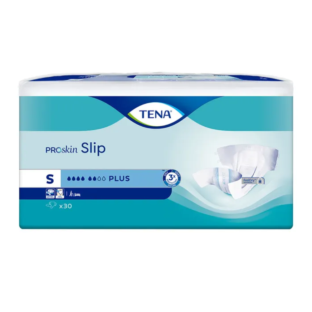 Abbildung einer Packung TENA Slip Plus Inkontinenzvorlage mit Hüftbund Erwachsenenwindeln. Die Verpackung ist blau und weiß, mit den Aufschriften „TENA“ und „Slip Plus“. Die Packung weist die Größe S auf und enthält 30 Stück. Auf der rechten Seite ist eine Windel abgebildet. Diese Produkte der Essity Germany GmbH verfügen über einen bequemen Hüftbund für zusätzliche Sicherheit.