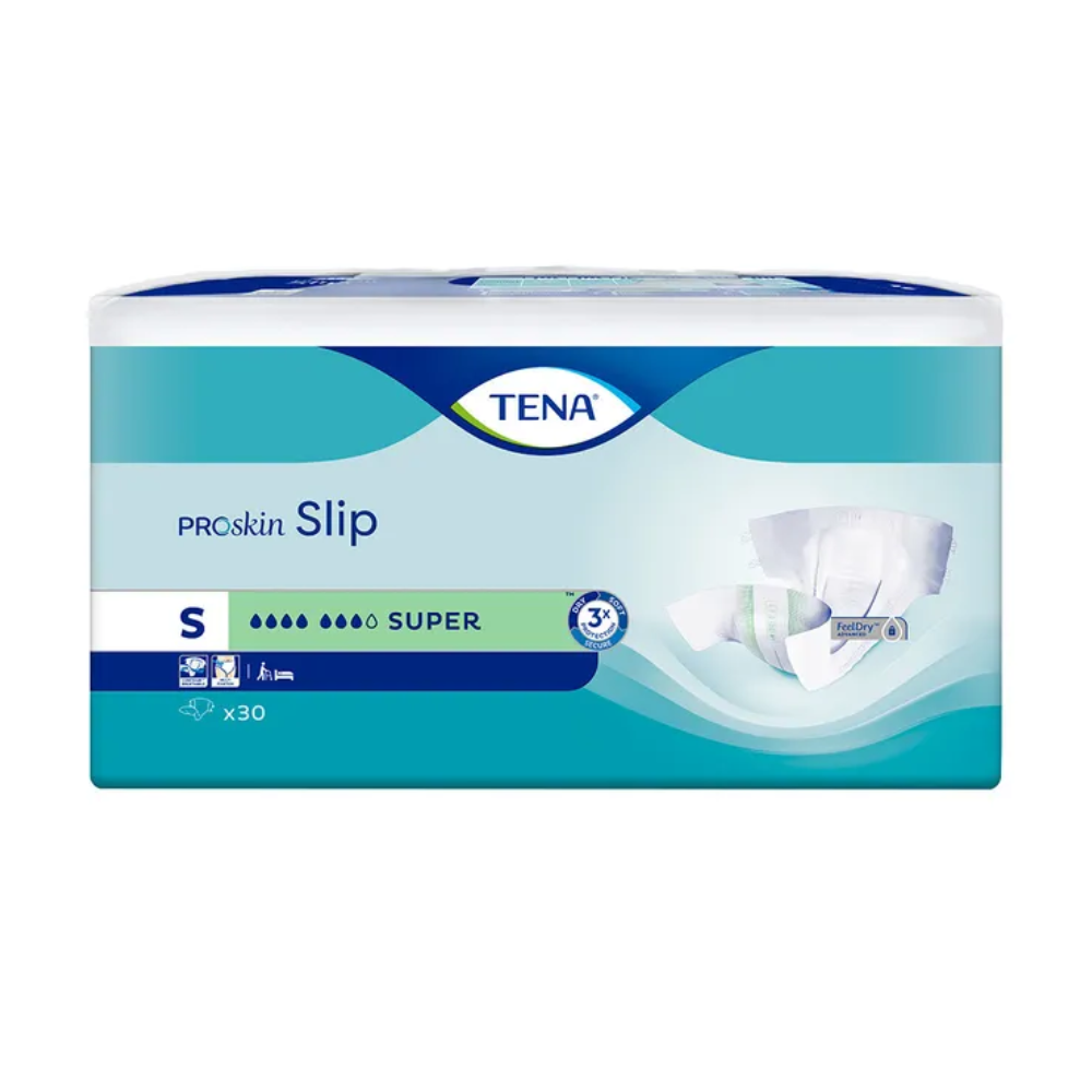 Abbildung einer Packung TENA Slip Super Inkontinenzvorlage mit Hüftbund. Das von TENA (Essity Germany GmbH) hergestellte Produkt ist für die Inkontinenzversorgung konzipiert und in der Größe S gekennzeichnet. Die Packung enthält 30 Slips und zeigt eine Abbildung der Slips. Die Verpackung verwendet überwiegend Weiß-, Blau- und Grüntöne für ein sauberes Aussehen mit zuverlässigem Auslaufschutz.