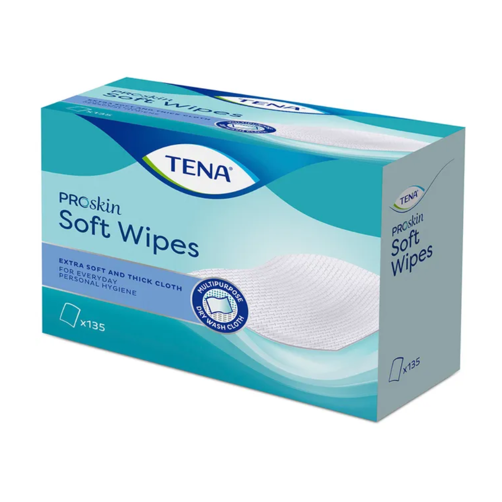 Abgebildet ist eine Schachtel TENA Soft Wipes Waschhandschuhe. Die Verpackung ist hauptsächlich blau und weiß und die Schachtel enthält 135 Tücher. Auf dem Etikett steht, dass diese Inkontinenzprodukte der Marke TENA (Essity Deutschland GmbH) extra weich und dick sind und sich für die tägliche Körperreinigung mit Mehrzweckverwendung eignen.