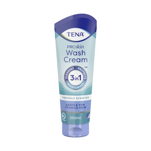 Abgebildet ist eine Tube TENA Wash Cream Hautpflege 3in1 von TENA (Essity Germany GmbH). Die blaue Tube mit durchsichtiger Kappe enthält 250 ml Waschcreme. Der Text auf der Tube weist darauf hin, dass sie sanft zu empfindlicher Haut ist, einen frischen Duft hat und 3-in-1-Reinigung, Schutz und Feuchtigkeit bietet – ideal für Hautpflege- und Inkontinenzpflege.