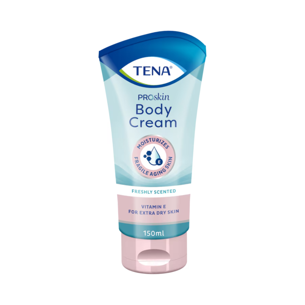 Abgebildet ist eine 150-ml-Tube TENA ProSkin Body Cream | Packung (150 ml) von TENA (Essity Germany GmbH). Die Verpackung ist in den Farben Hellblau und Rosa mit einem dunkelblauen Verschluss erhältlich. Auf dem Etikett steht, dass die Creme frisch duftet, natürliche Öle und Vitamin E enthält und für trockene Haut sowie zur Befeuchtung empfindlicher alternder Haut geeignet ist.