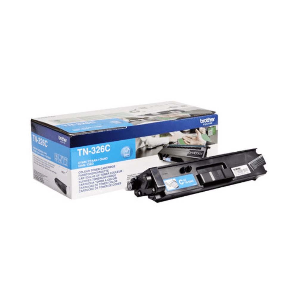 Eine cyanfarbene Tonerkartusche von Brother Toner für Brother HL-L8250/MFC-L8600 neben der Verpackungsschachtel, die Bilder und Produktspezifikationen enthält.