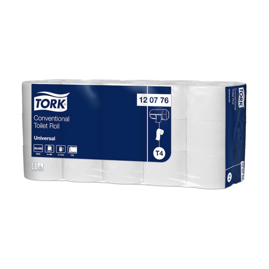 Ein Sechserpack Tork 120776 Kleinrollen-Toilettenpapier Universal T4 2-lagig 48m | Karton (30 Rollen) in weißer Verpackung mit blauem Etikett. Das Etikett zeigt das TORK-Logo, eine Produktbeschreibung und ein Bild eines Toilettenpapierhalters. Diese extralange Rolle ist Teil des Universal T4-Systems und bietet T4 2-lagig-Qualität für zusätzlichen Komfort.