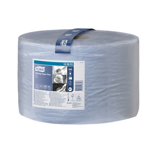 Eine große Rolle TORK Tork 130051 Starke Mehrzweck-Papierwischtücher Premium W1 2-lagig 510m/23,5cm | Karton (1 Rollen), verpackt in hellblauer Verpackung mit einem weißen Etikett mit Produktinformationen, Bildern der Verwendung des Papiers und dem Markenlogo. Diese Premium W1-Industriepapierrolle wurde für verschiedene Reinigungsaufgaben entwickelt und verfügt über QuickDry-Qualität für zusätzliche Effizienz.