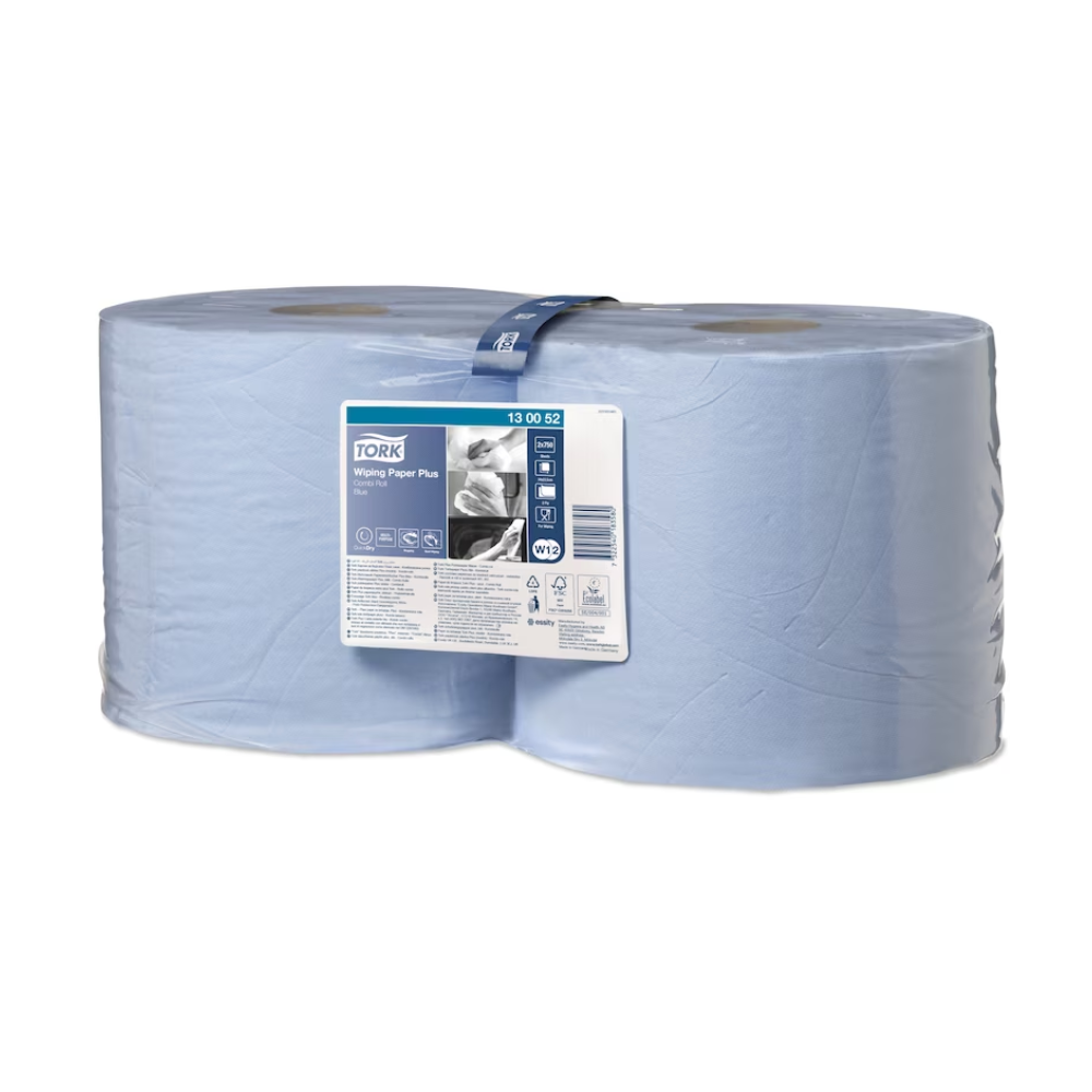 Zwei blaue Rollen Tork 130052 Starke Mehrzweck-Papierwischtücher Premium W1+W2 2-lagig | Karton (2 Rollen) sind zusammen verpackt. Ein Etikett auf der Vorderseite zeigt Produktinformationen und ein Bild einer Hand, die das Papier benutzt. Die Rollen in Industriegröße mit hervorragender Aufsaugfähigkeit sind in transparentem Kunststoff verpackt. Ideal für die Verwendung mit TORK Spender.

